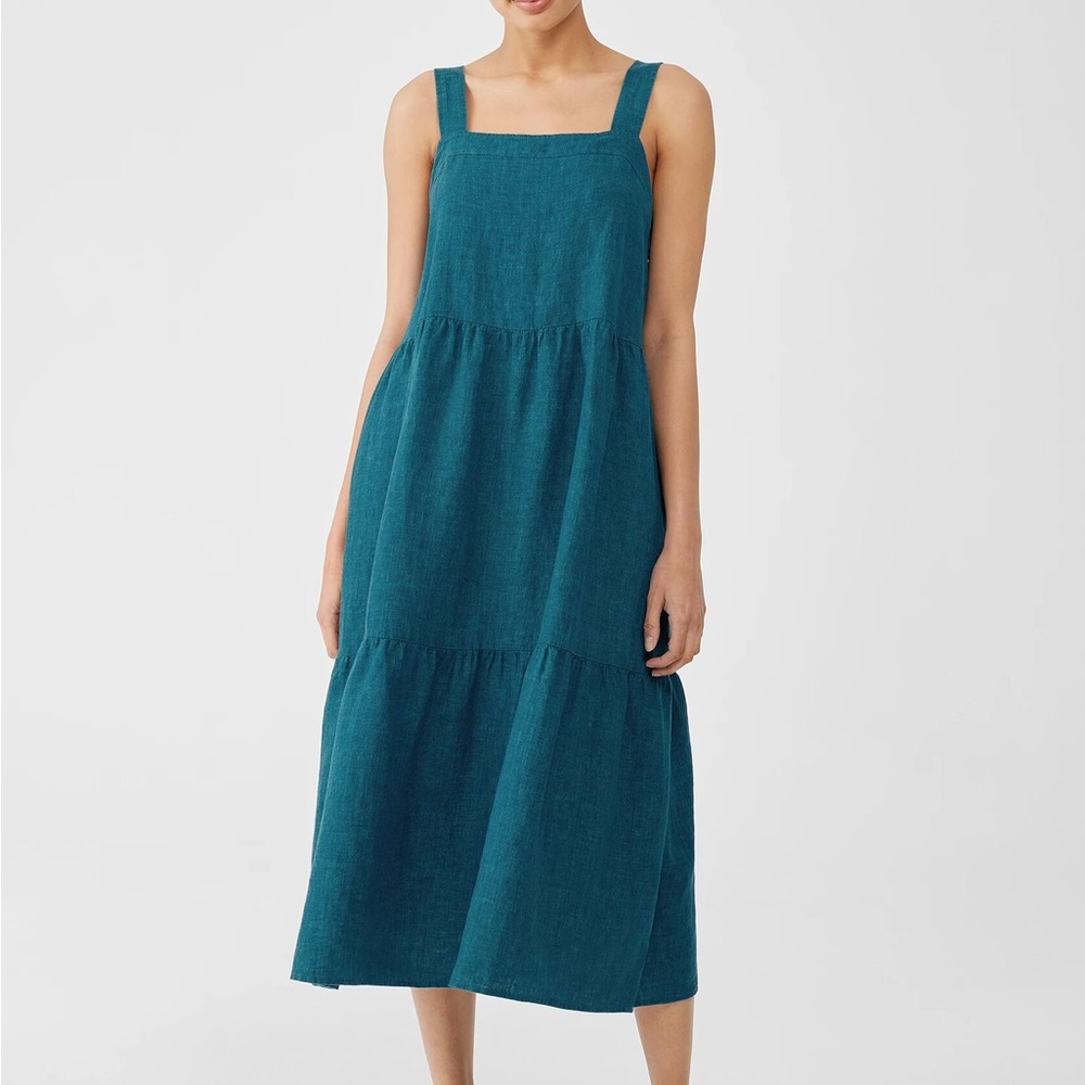 Eileen Fisher Washed Organic Linen Delave Tiered Dress Teal Size L